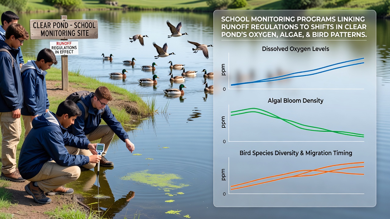 School-Based Monitoring Initiatives Connect Runoff Regulations to Ecological Shifts in Clear Pond Oxygen Levels, Algae Growth, and Bird Activity