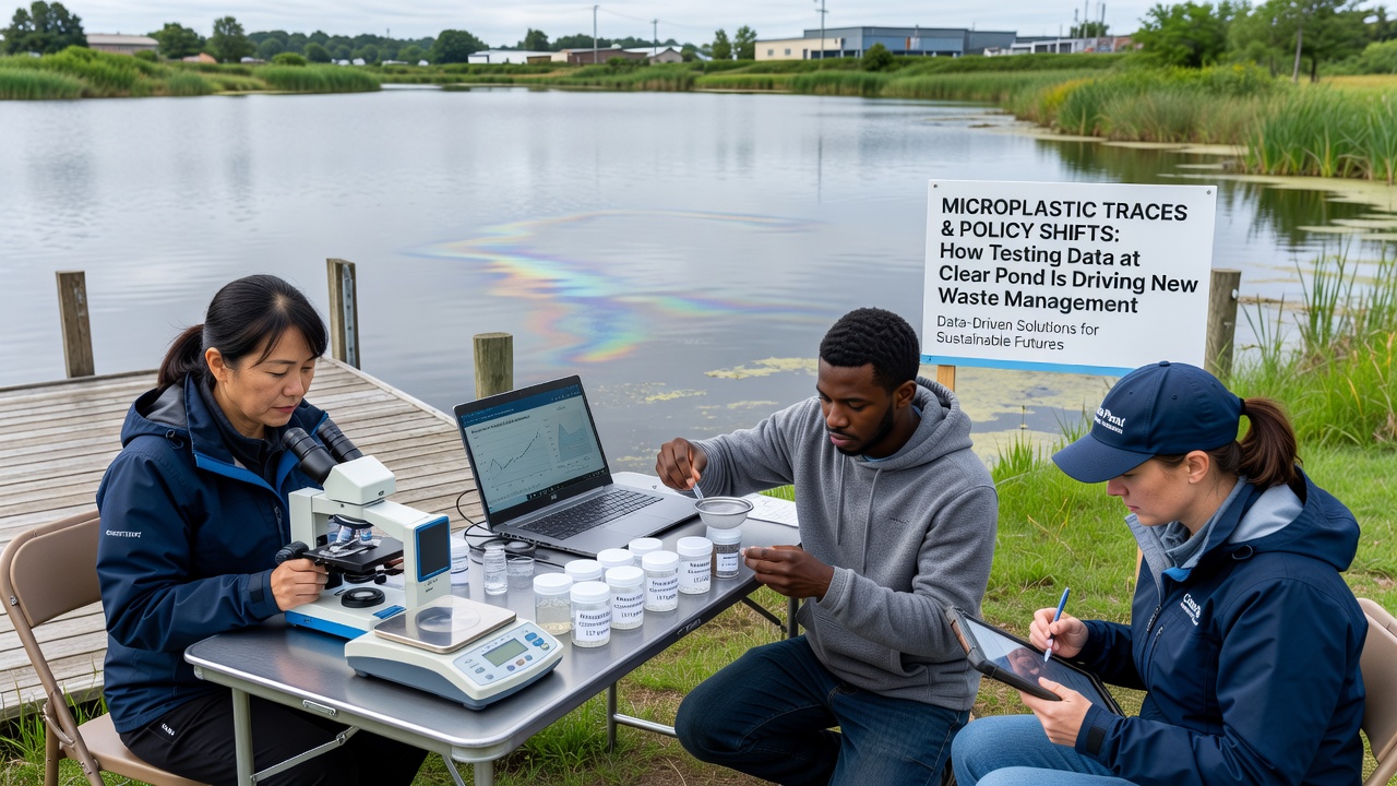 Laboratory technicians analyzing water samples for microplastic content at a regional testing facility
